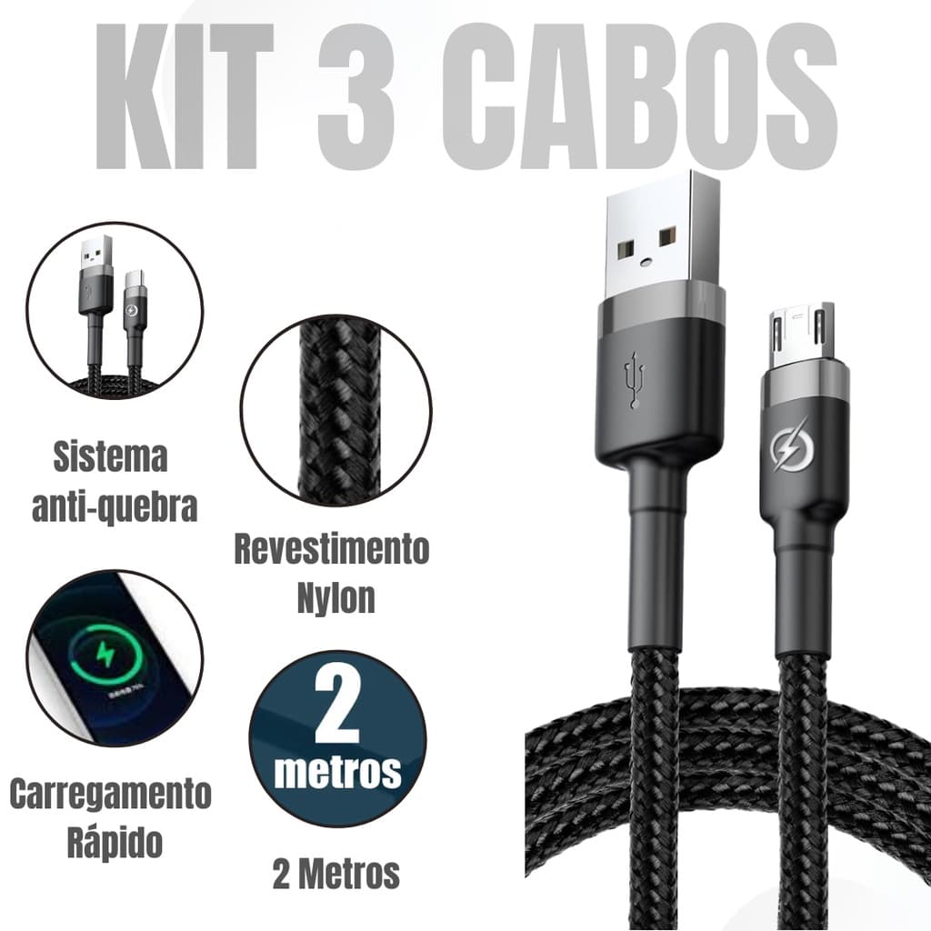 Kit 3 Cabos Micro USB V8 Carregador Rápido 2 Metros Resistente