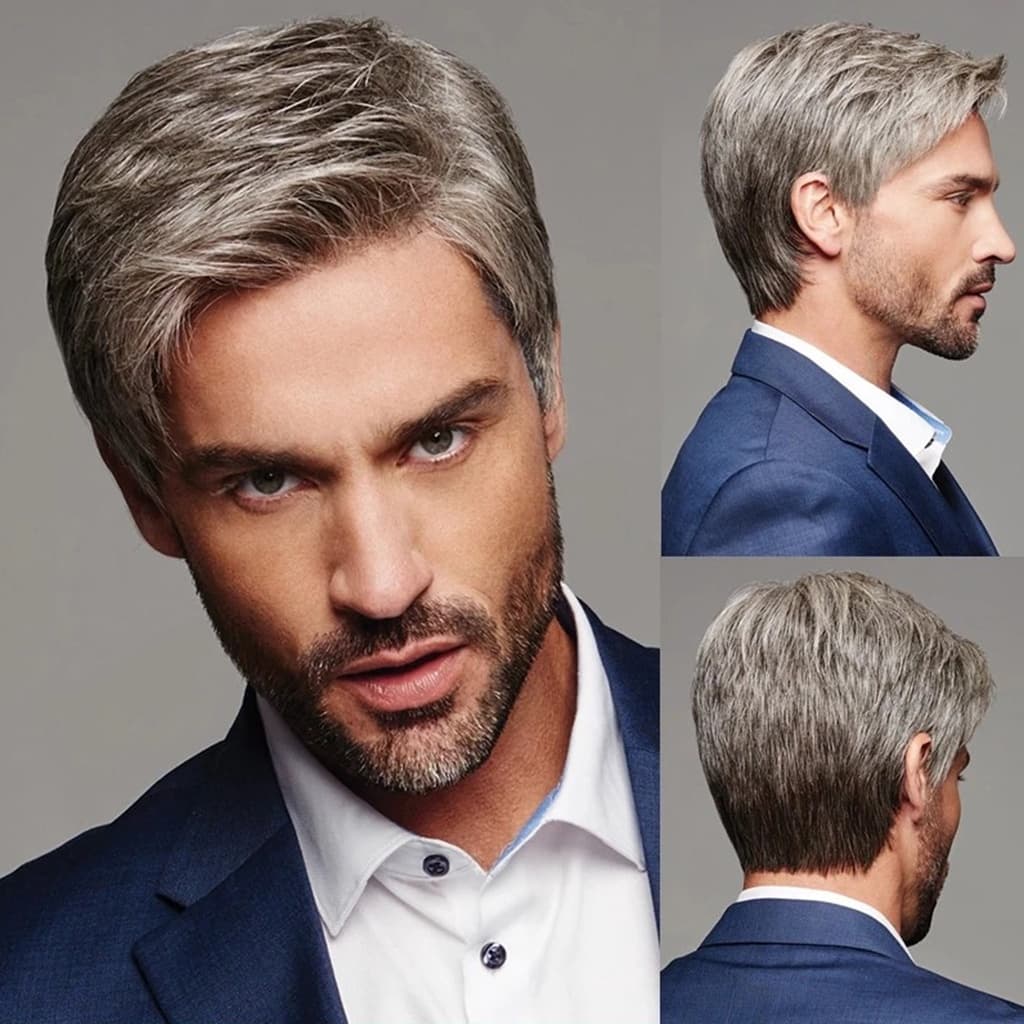 Nova Peruca Masculina Moda Prata Cinza Cabelo Curto