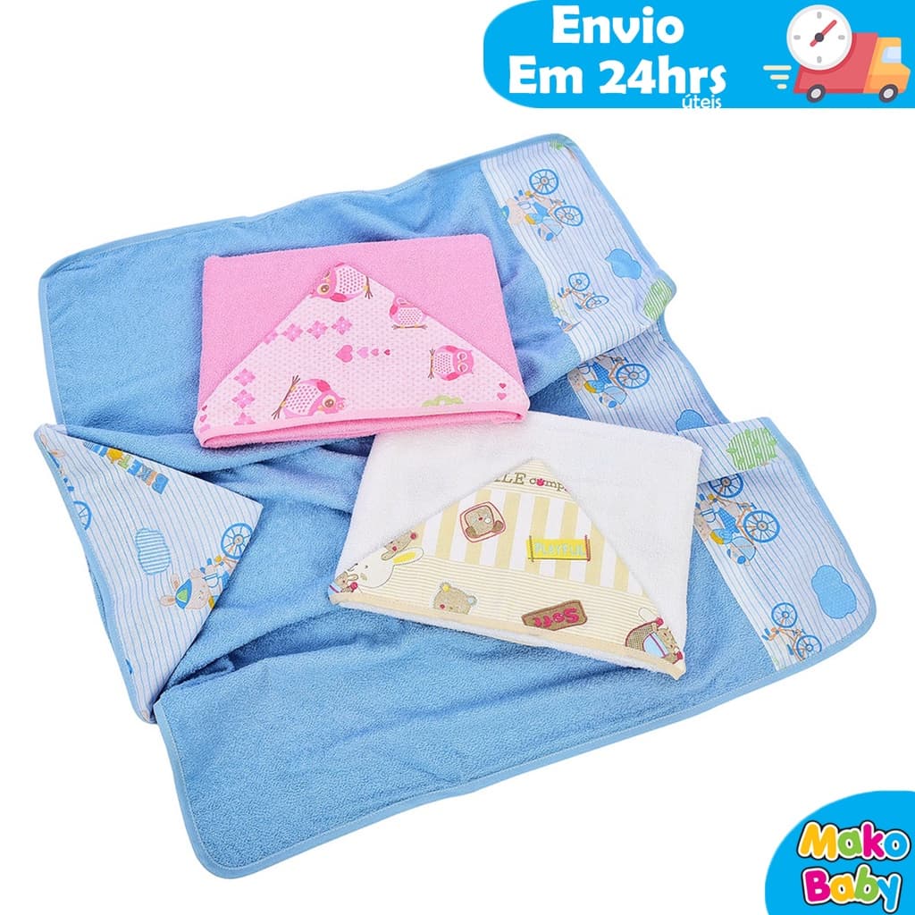 Toalha de Banho Bebe Forrada em Fralda com Capuz Dupla Face 70cm x 80cm 100% Algodão