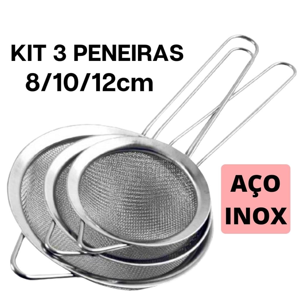 Kit 3pçs Peneira Coador Em Aço Inox Para Cozinha - 3 Tamanhos P M G 8/10/12 cm