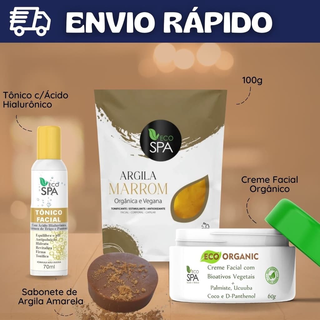 Kit Tonificante - Argila Marrom + Sabonete de Argila Amarela + Tônico Facial Hialurônico + Creme Facial + Rosa Mosqueta