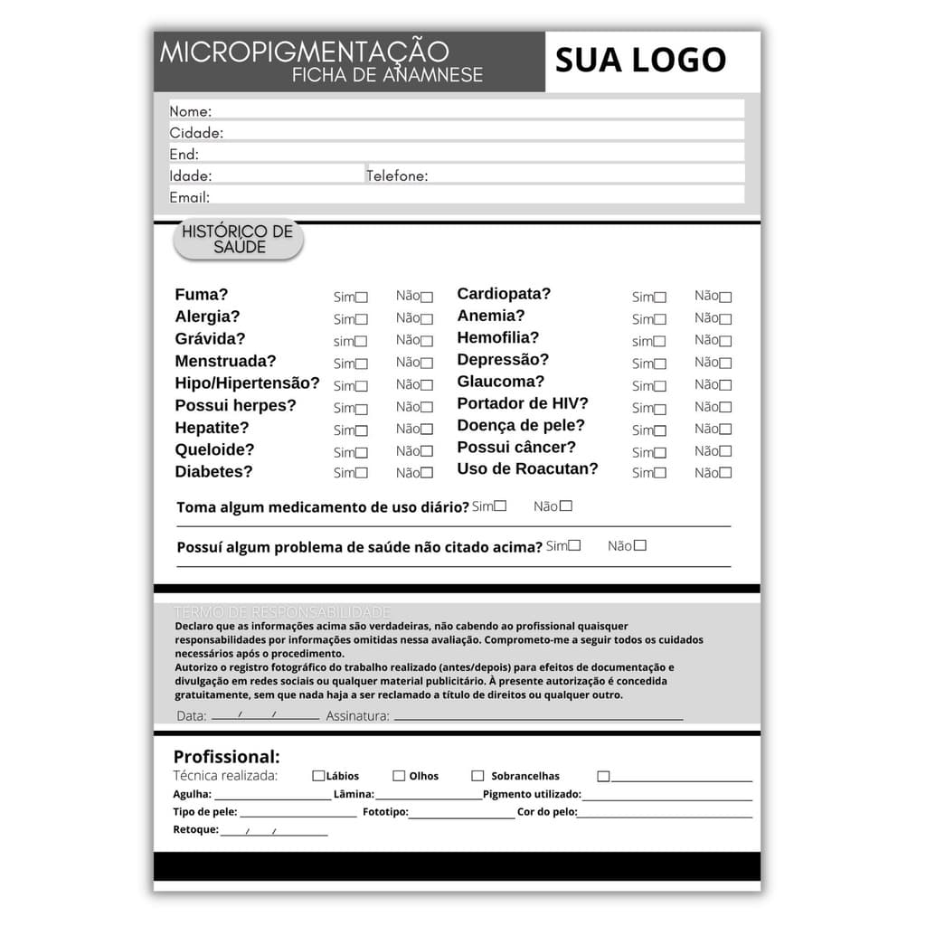 Bloco Ficha De Anamnese Micropigmentação PERSONALIZADO