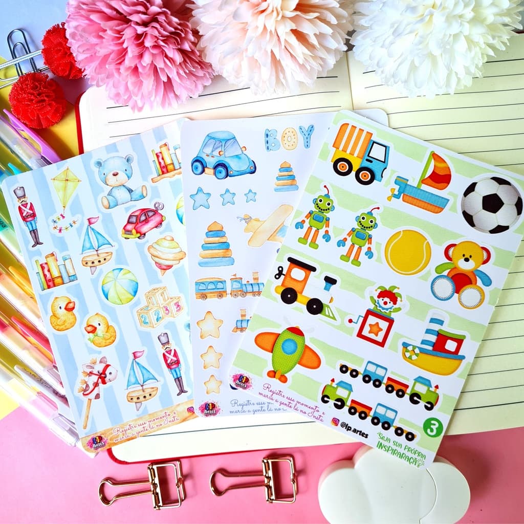 Brinquedos - Cartela de adesivos em VINIL  para bujo, álbum, decoração