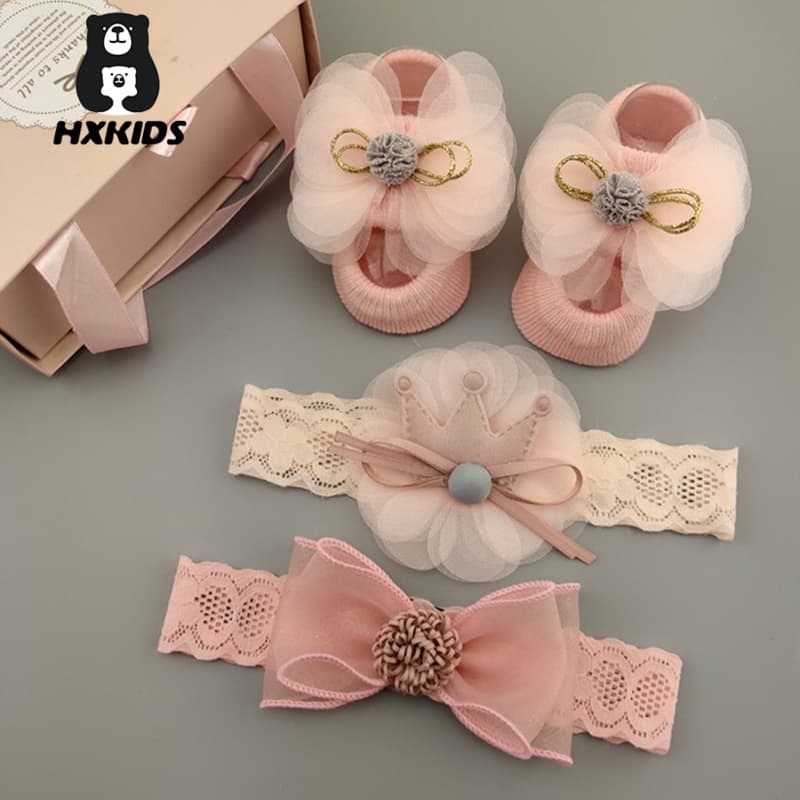 3Pcs/Set Lace Flower Baby Girl Headband Socks Crown Bows Recém-Nascido Faixas De Cabeça Acessórios De Cabelo