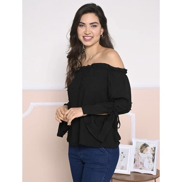 blusa femenina manga longa com perola (AFTY385)
