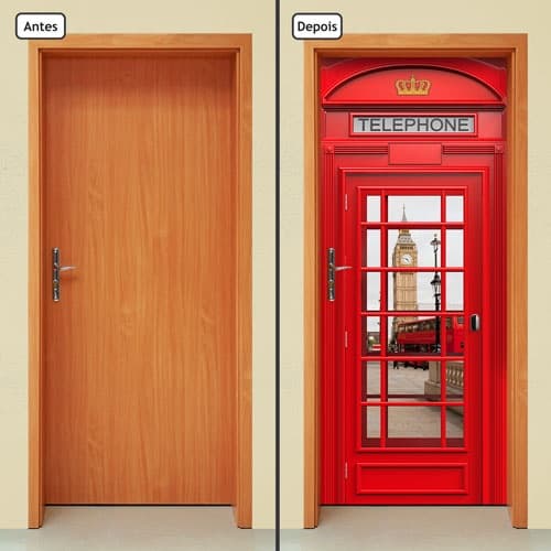 Adesivo Decorativo de Porta Parede Vidro Sala Cozinha Banheiro Casa Decoração Ponto Turístico Mundo Londres Inglaterra Big Ben Cabine Telefônica