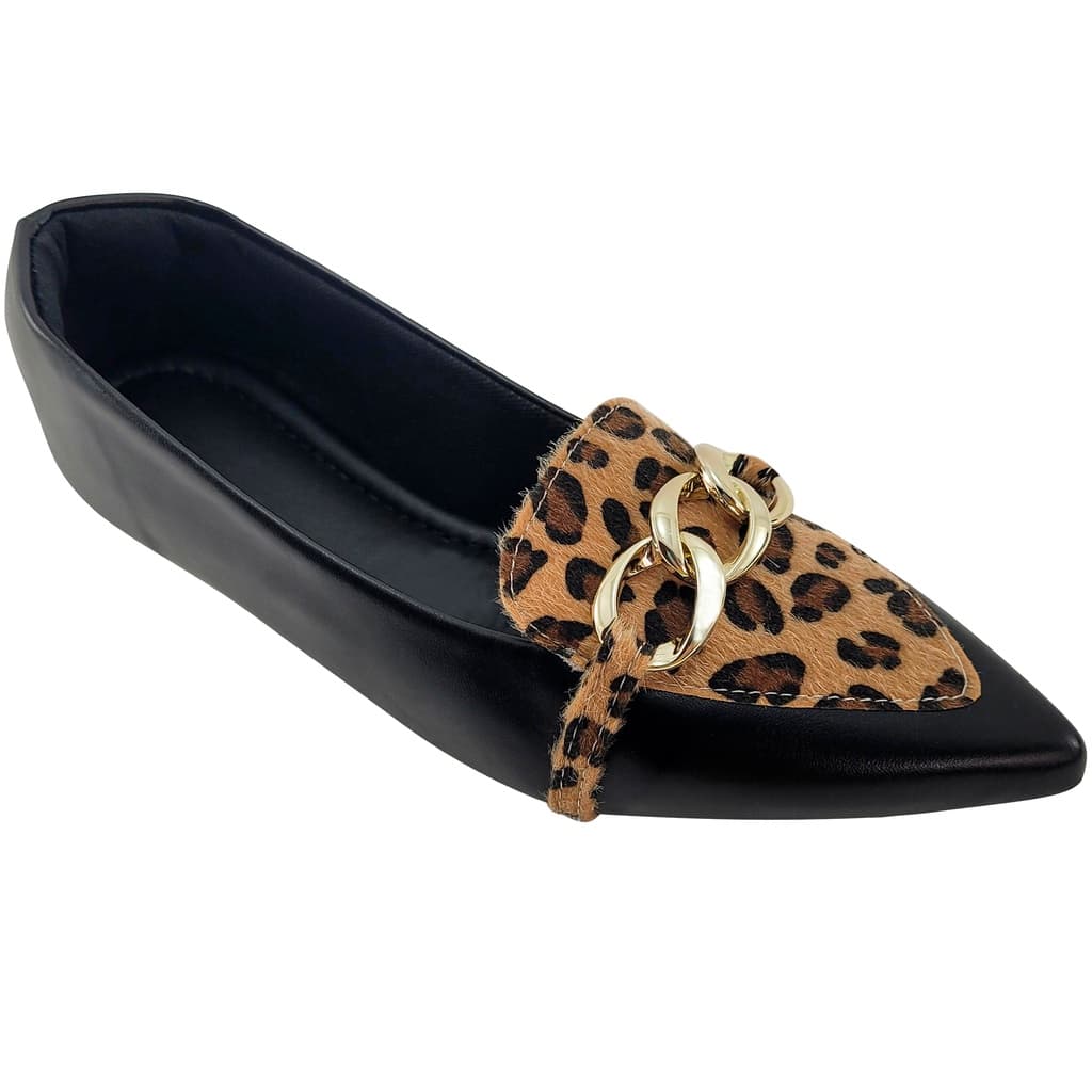 Sapatilha Feminina Bico Fino Preta Oncinha Com Corrente Dourada Mocassim Feminino Confortável Casual