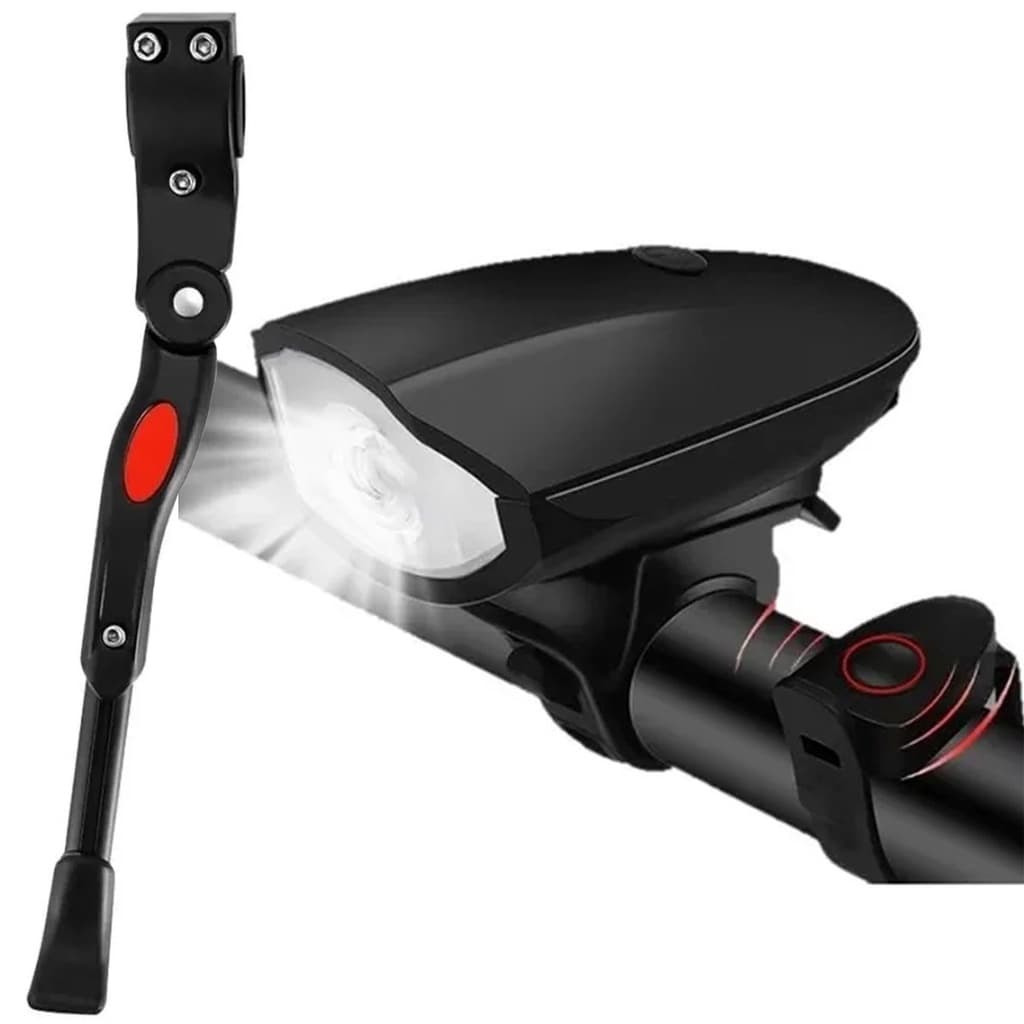 Lanterna Farol Bike Prova D'água Usb Led Buzina Recarregável + Pezinho Descanso Para Bike Lateral Com Regulagem 20 Até 29