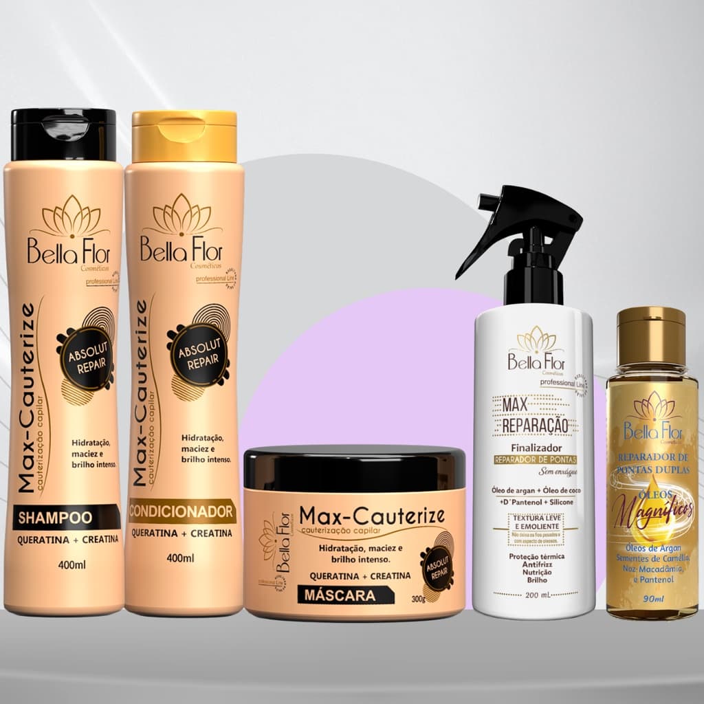 Kit Cauterize + Max Reparação + Reparador de Pontas Duplas Bella Flor Hidratação Reparação Profissional