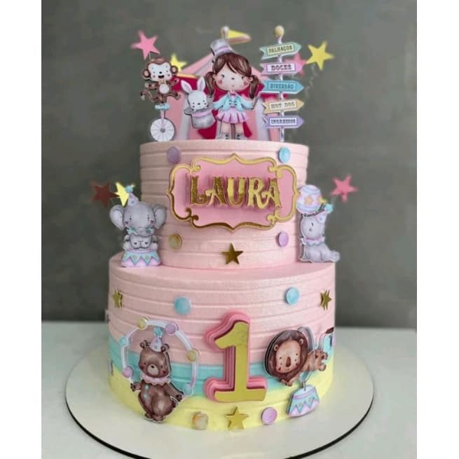 Topo/Topper de Bolo 3D/ Camadas Circo Rosa Aquarelado