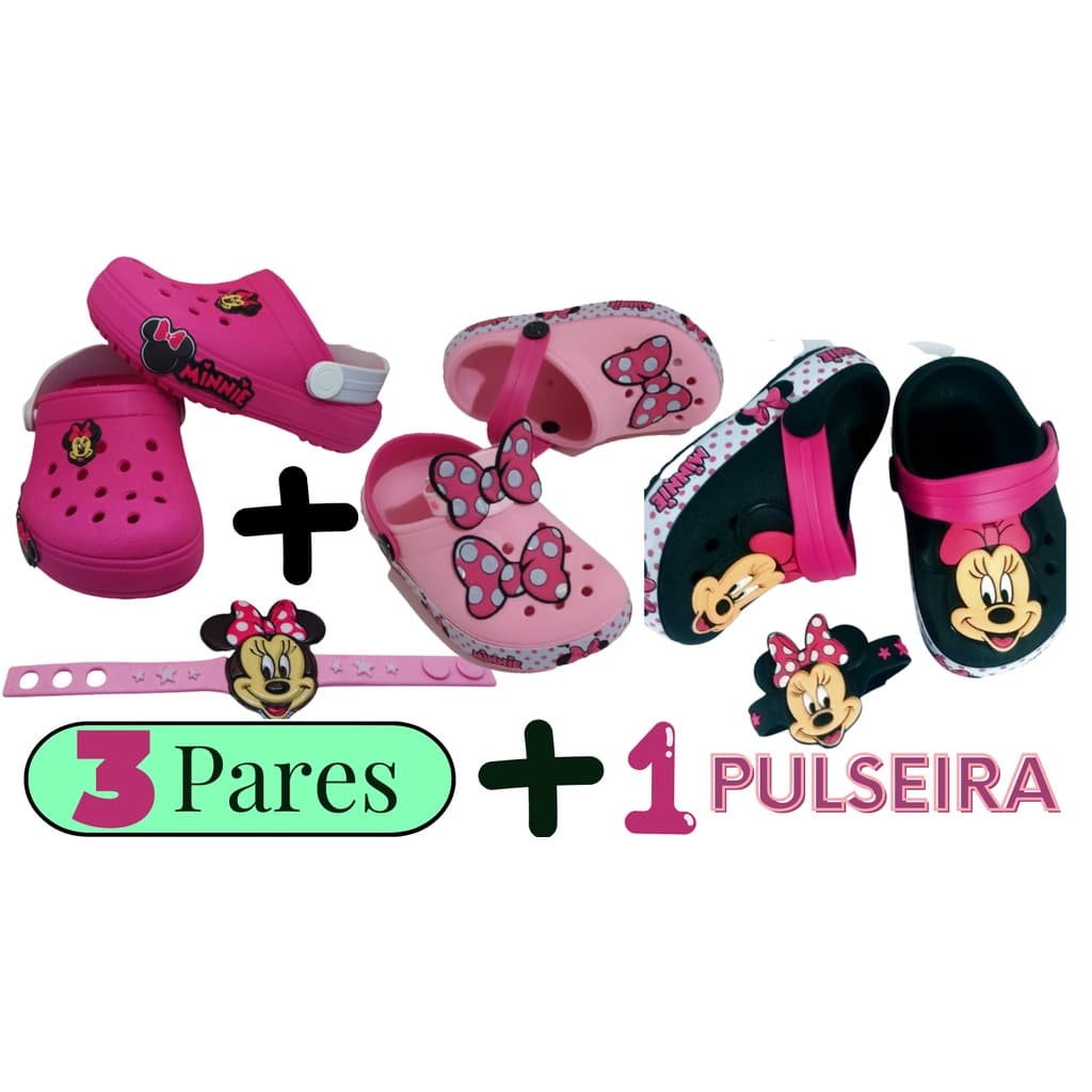 Babuche Infantil menina feminina 3 PARES + 3 PULSEIRAS Minnie sandalia slide infantil menina