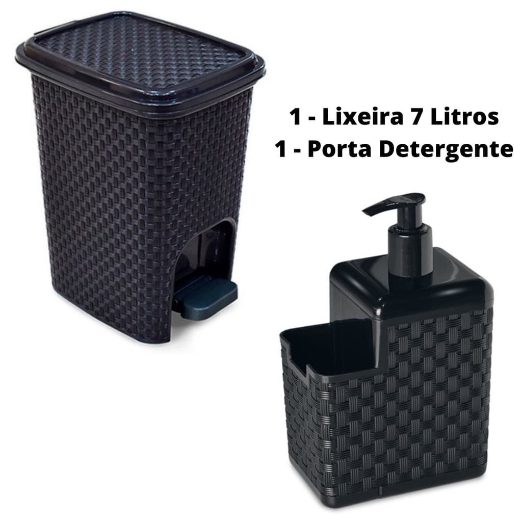 Kit Lixeira Com Pedal 7 Litros + Porta Detergente e Esponja Dispenser Litros Com Tampa Preto Rattan