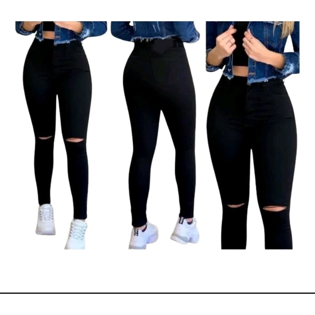 Calça Jeans Preta Com Lycra Cintura Alta Corte Do Jeans Empina Confortável Moda Feminina Rasgadinha Na A altura Joelho