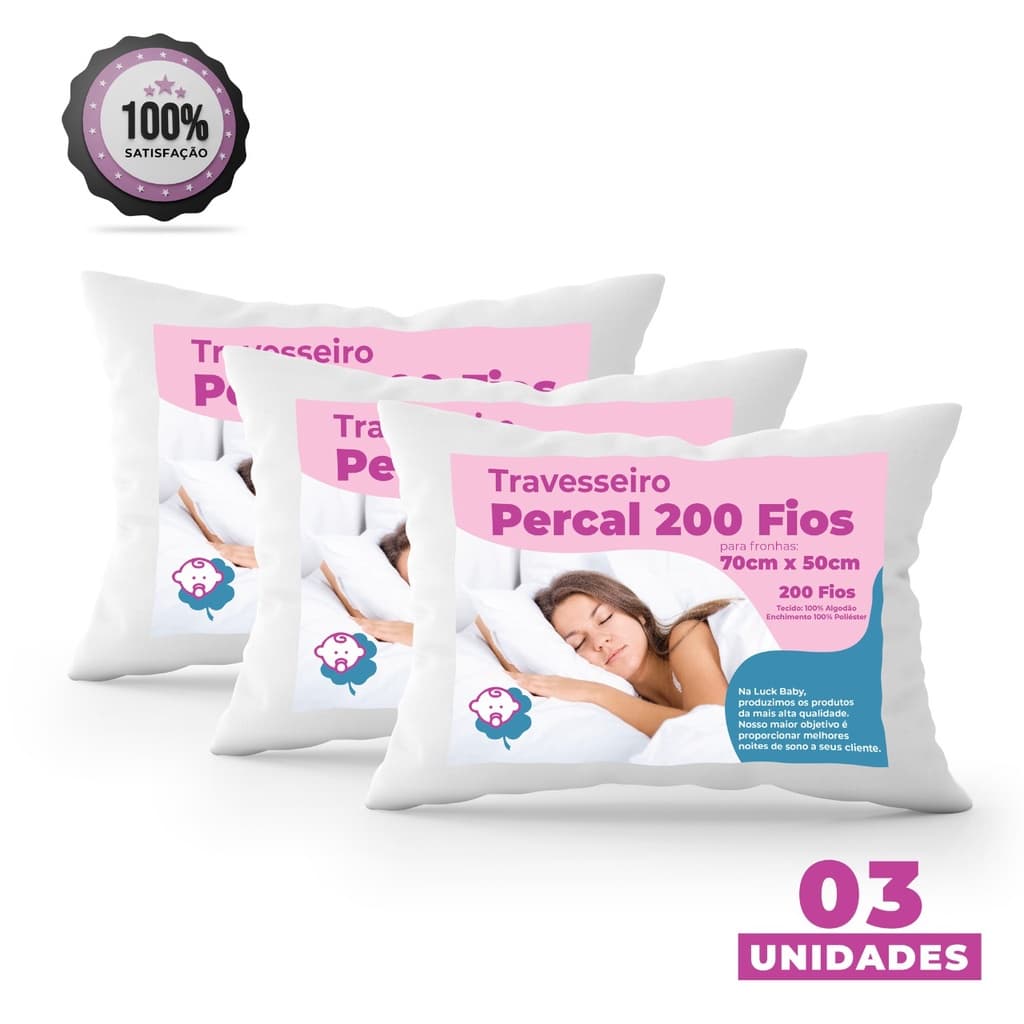 Kit 03 Travesseiro 200 Fios Algodão Percal Macio Conforto Sono Antialérgico Enxoval Casal Premium