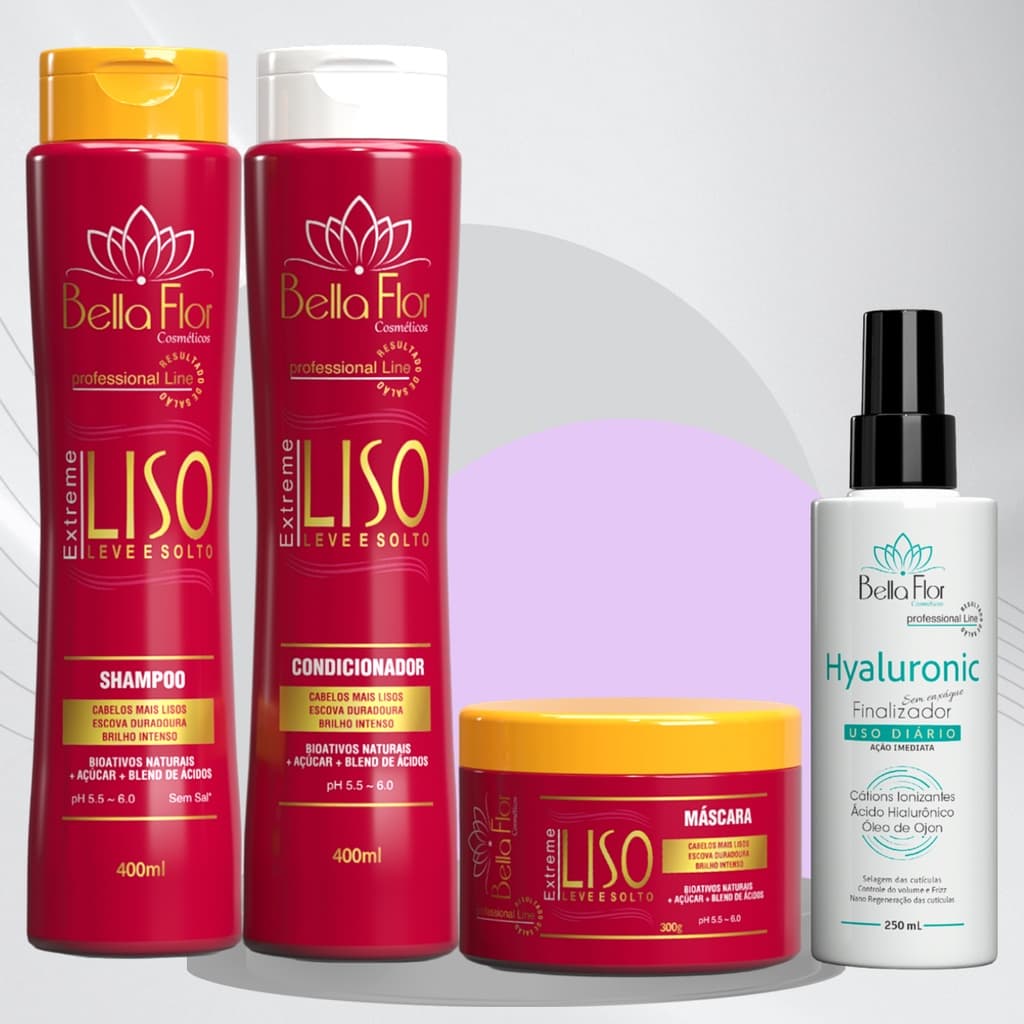Kit Capilar Extreme Liso 4 Produtos Shampoo Condicionador Máscara + Finalizador Hyaluronic Bella Flor