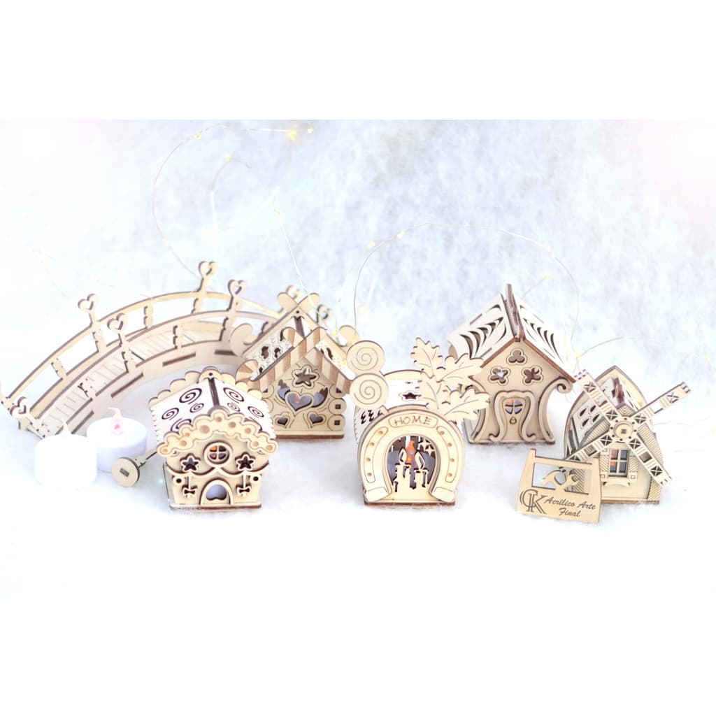 Vila natalina em mdf 3mm cru 7 peças