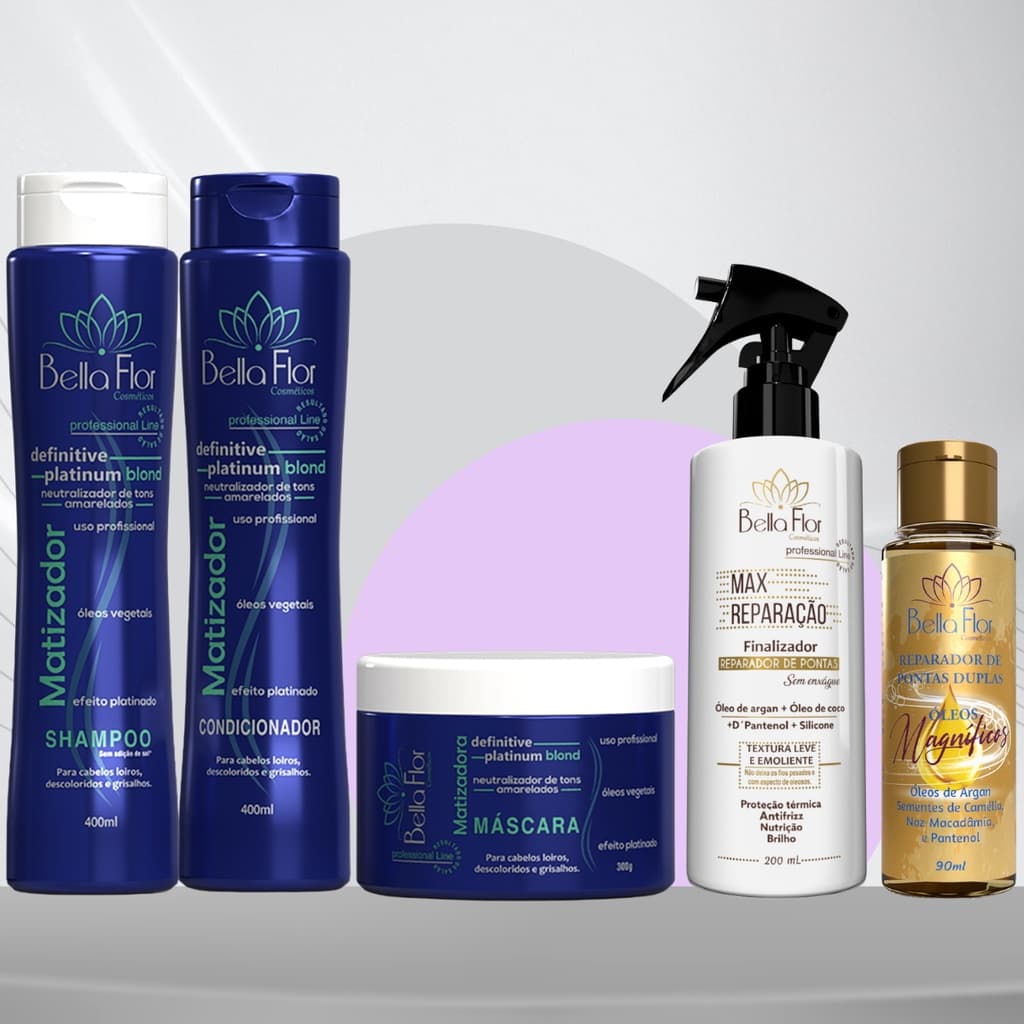 Kit Capilar 5 Produtos 1 Matizador, 1 Max Reparação e 1 Reparador de Pontas Duplas Bella Flor Loiros Matização