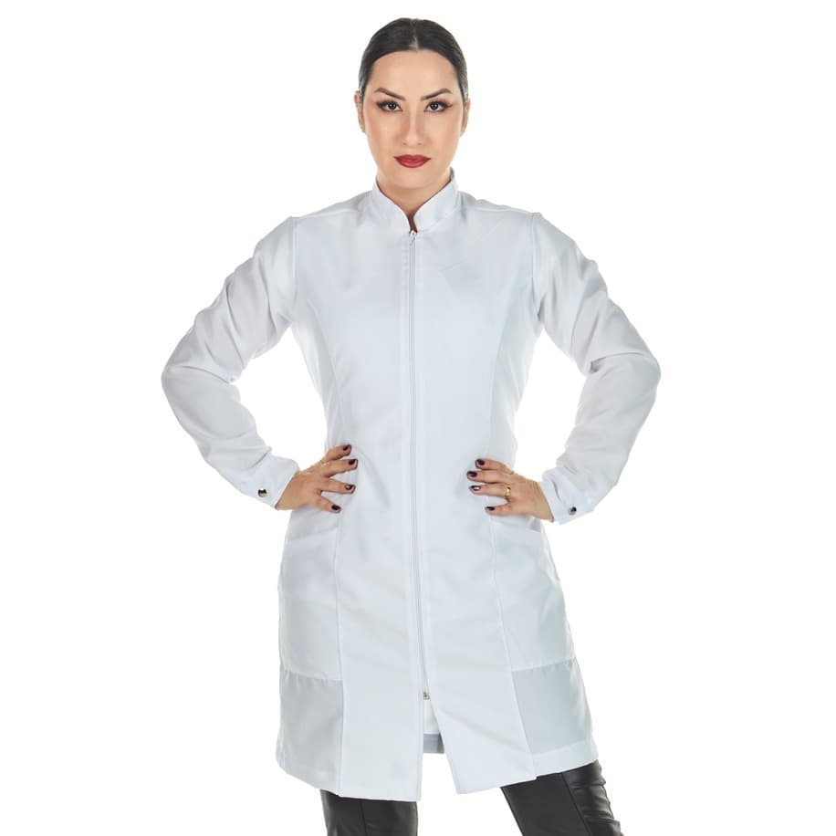 Jaleco Feminino Gola Padre Zíper Manga Longa Branco Oxford Acinturado Dentista Profissional