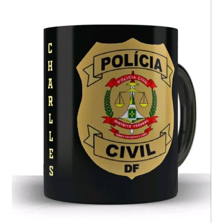 Caneca de Cerâmica Preta Polícia Civil  DF Personalizada com Caixinha