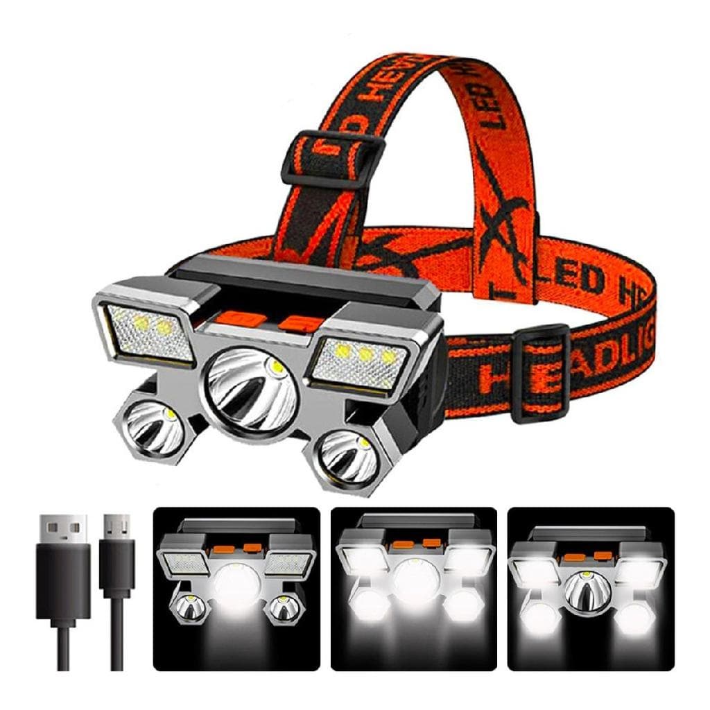 Lanterna De Cabeça 5 Leds Super Forte Usb Resistente A Água