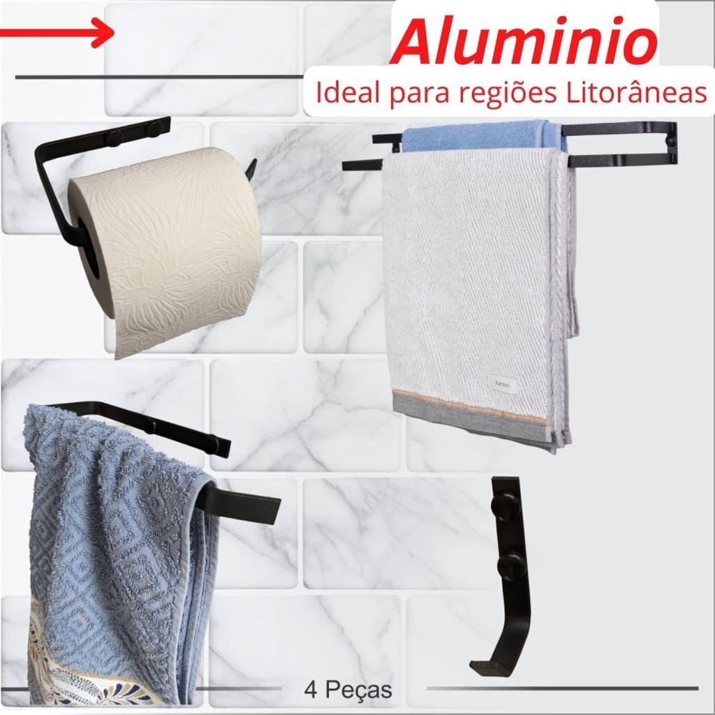 Acessórios p/ Banheiro 4 Peças Toalheiro Duplo 60cm Aluminio