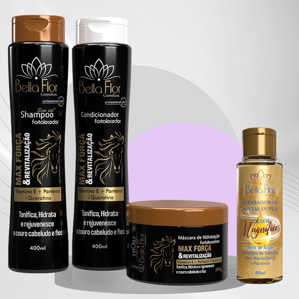 Kit Capilar Max Força e Reparador de Pontas 4 Produtos (1 Shampoo, 1 Condicionador, 1 Mascara e 1 Reparador de Pontas) Profissional - Bella Flor Cosméticos