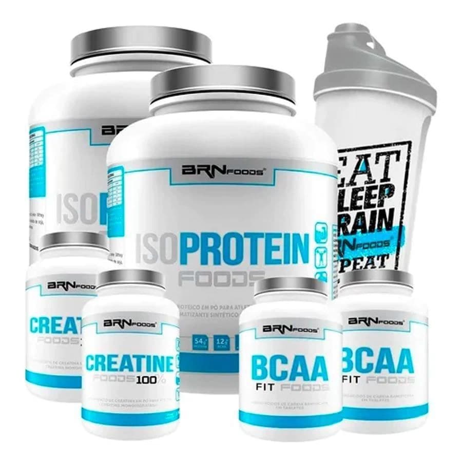 Kit 2x Iso Whey Protein 2kg + 2x BCAA 100g + 2x Creatina 100g + Coqueteleira - BRN Foods