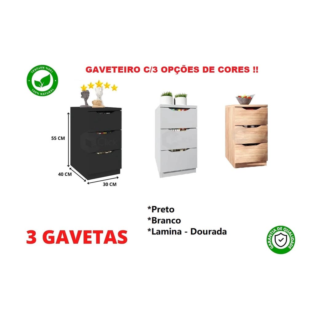 Gaveteiro 3 Gavetas Variações de Cores