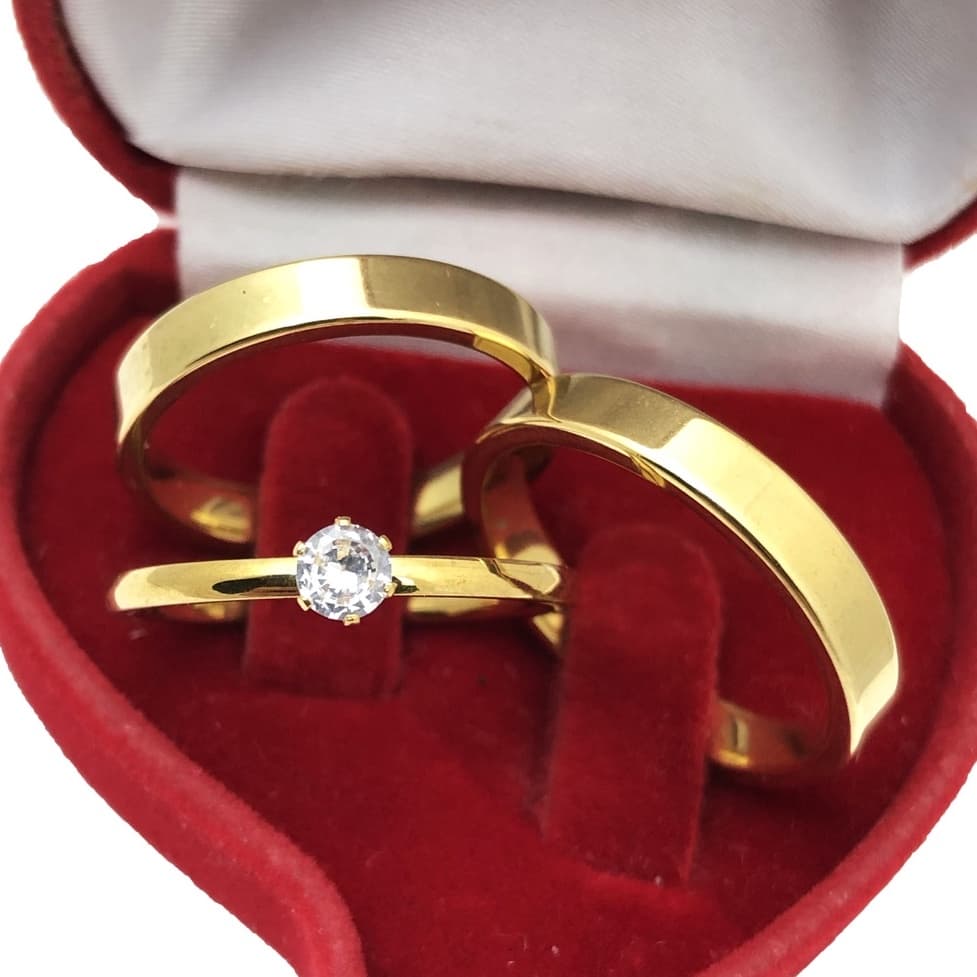 Par de alianças de casamento banhada 4mm fina quadrada simples aço inoxidável + anel aparador