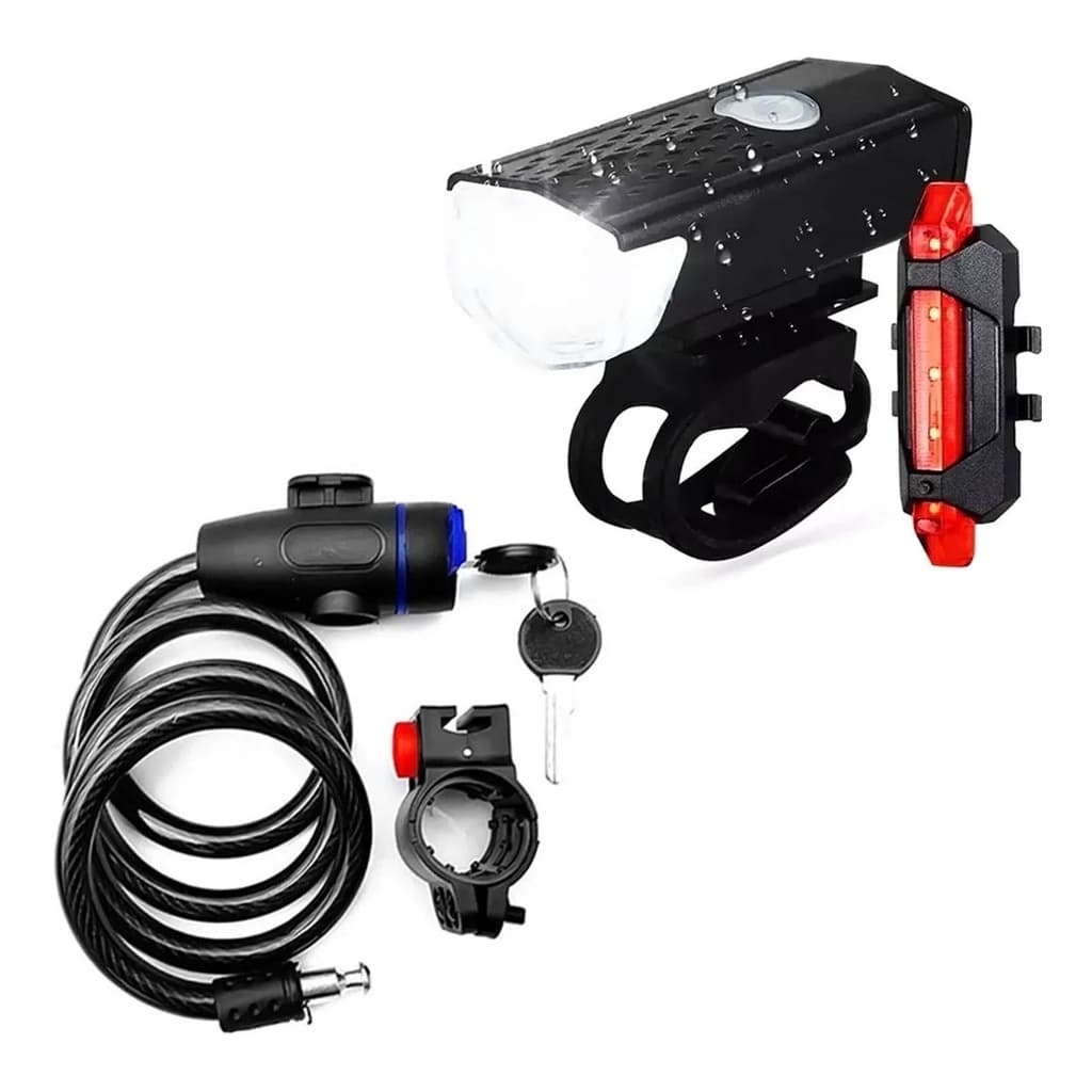 Farol Bike Luz Led Usb 300 Lumens Ciclismo + Sinalizador Traseira Recarregável + Trava Cabo De Aço Cadeado Segurança Bike Moto