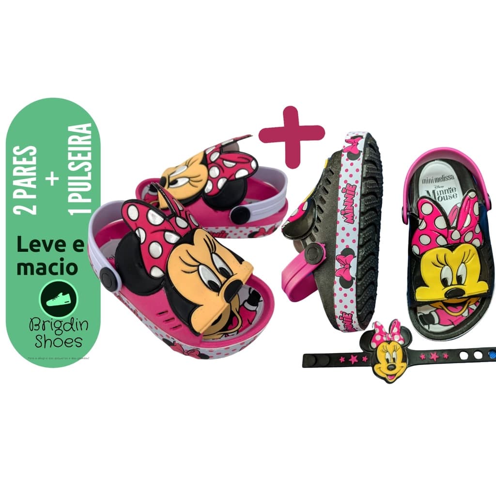 Sandalia infantil 2 pares menina feminina Minnie babuche 2 pares + 2pulseiras papete menina infantil