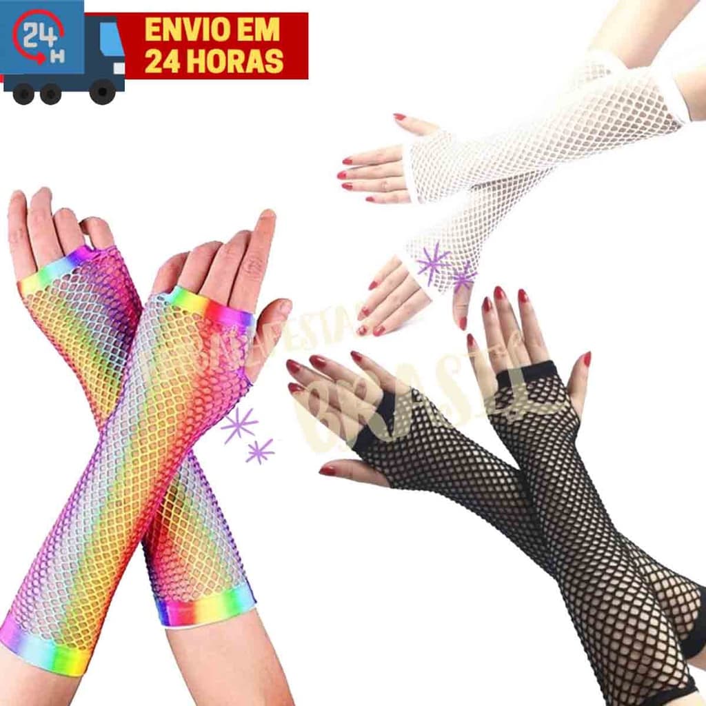 KIT 2 Luvas Arrastão Longa Carnaval Colorida Branca Preto Halloween Festa Fantasia Cosplay Eventos