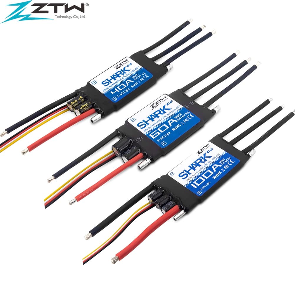ZTW 32 Bits ESC Shark G2 20A/30A/40A/50A/60A/80A/100A 2-6S SBEC 5V/6V 8A Controle De Velocidade Sem Escova Para Barco RC
