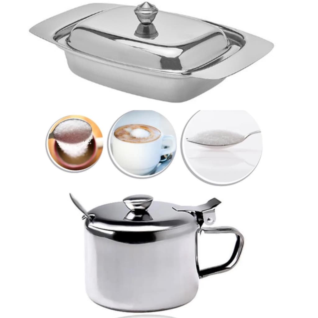Kit Café da Manhã Manteigueira e Açucareiro em Inox Prateados Linha Glamour