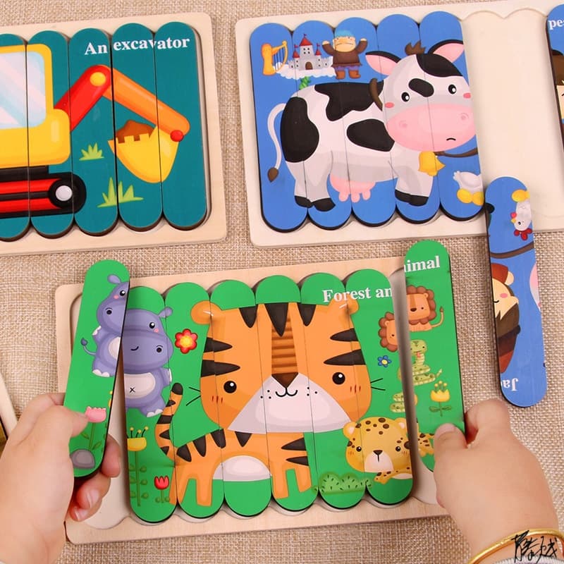 Quebra-Cabeças 3D De Dupla Face Material Montessori De Madeira Brinquedos Educacionais Para Crianças Grandes Tijolos Aprendizagem