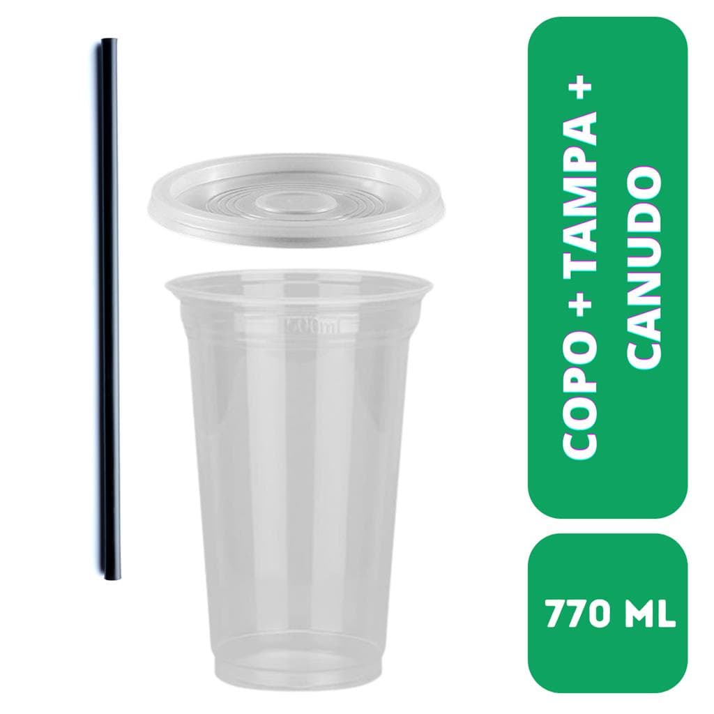 Kit Copao Com Tampa De Furo 770ml+ Canudo Biodegradavel 50UN