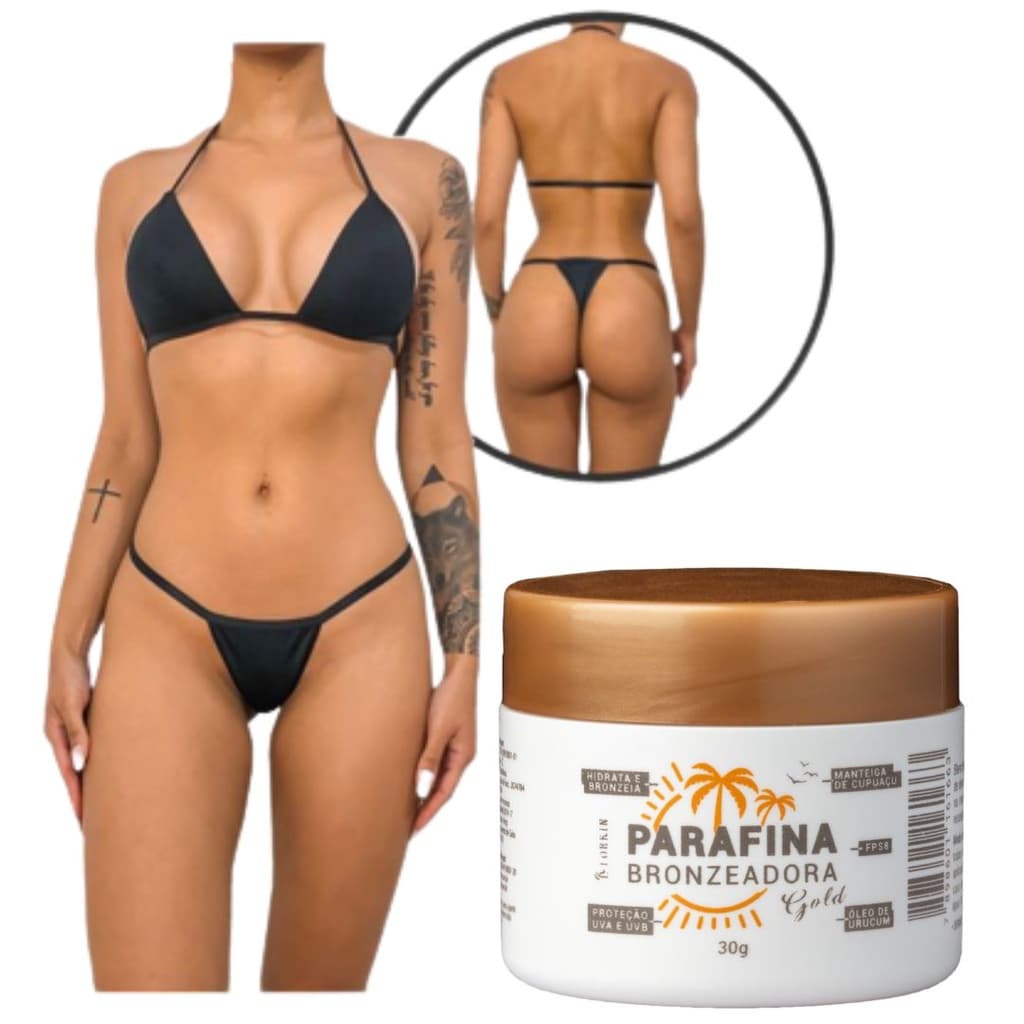 Biquíni Marquinha esparadrapo completo e Parafina Bronzeadora Gold 30g - Bronzear Com protetor FP8 Bronzeador e Biquíni