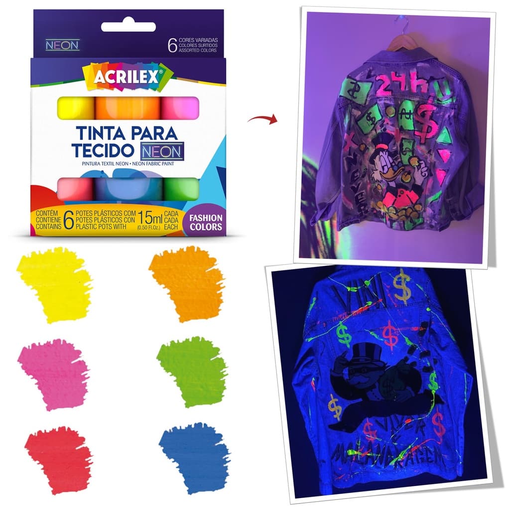 Kit Tinta Para Tecido Neon Fluorescente 6 Cores 15ml Acrilex - Original