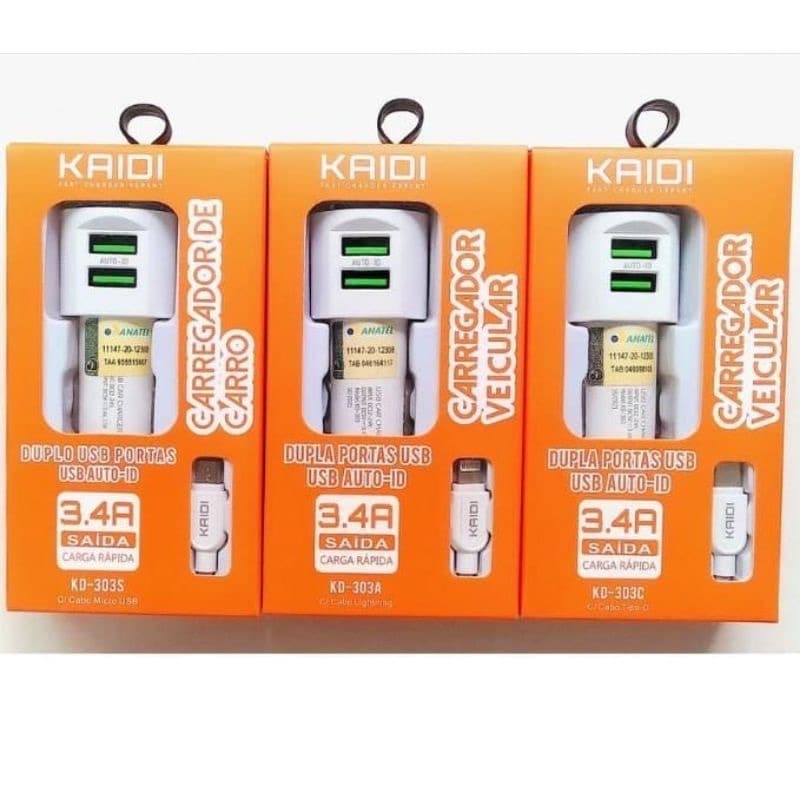 Carregador de Carro kaidi 3.4a Duplo USB Portas Com Cabo Tipo-C / iPhone / V8 Original