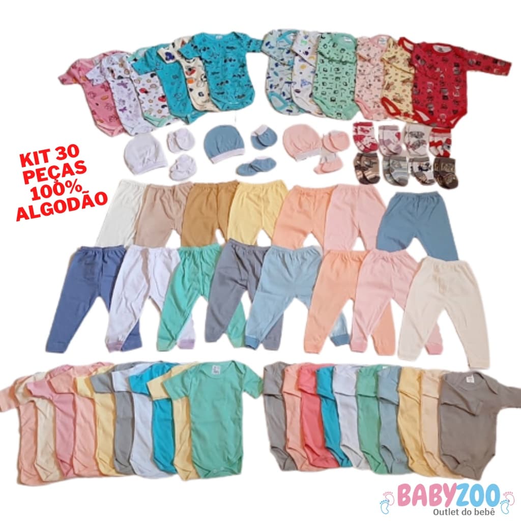 Kit Enxoval Body Mijão Touca Luva Meia 30 Peças bebê Menino Menina 100% Algodão