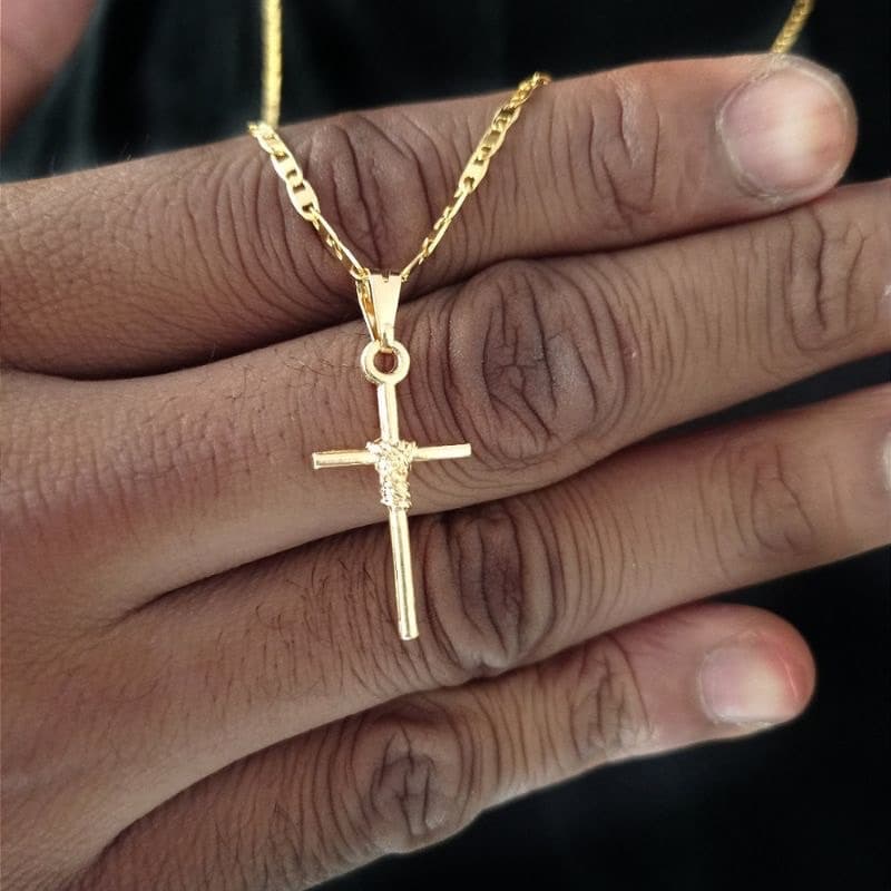 Cordão Corrente Masculino Piastrini Banhado a Cor Ouro 18k 60cm + Pingente Crucifixo Trançado