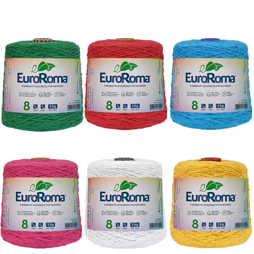 Kit de 6 Barbantes Euroroma Fio n° 8 Cone de 1 Kilo com 762 metros para Crochê, Tricô e Artesanato