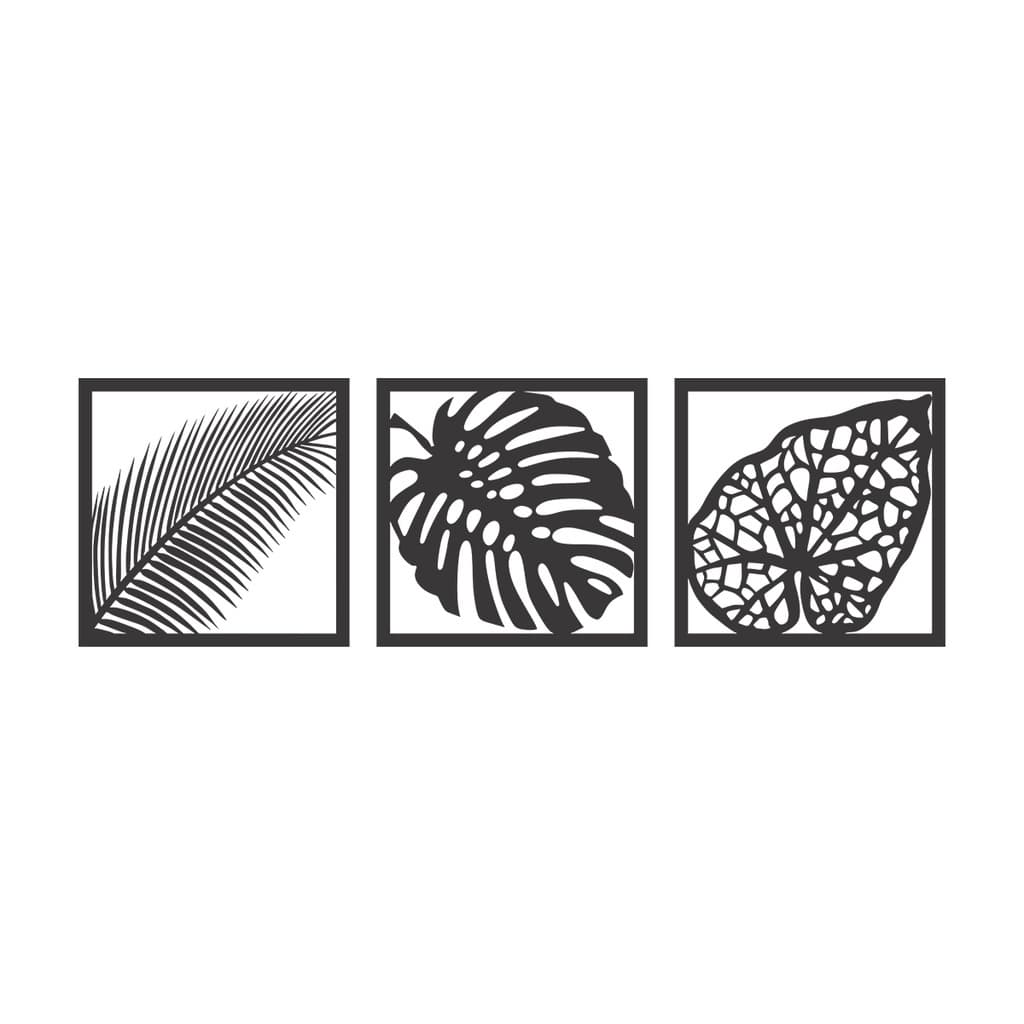 Quadro Decorativo Trio Folhas 3 Peças C/ Dupla Face 3M em MDF Vazado de 3mm Preto