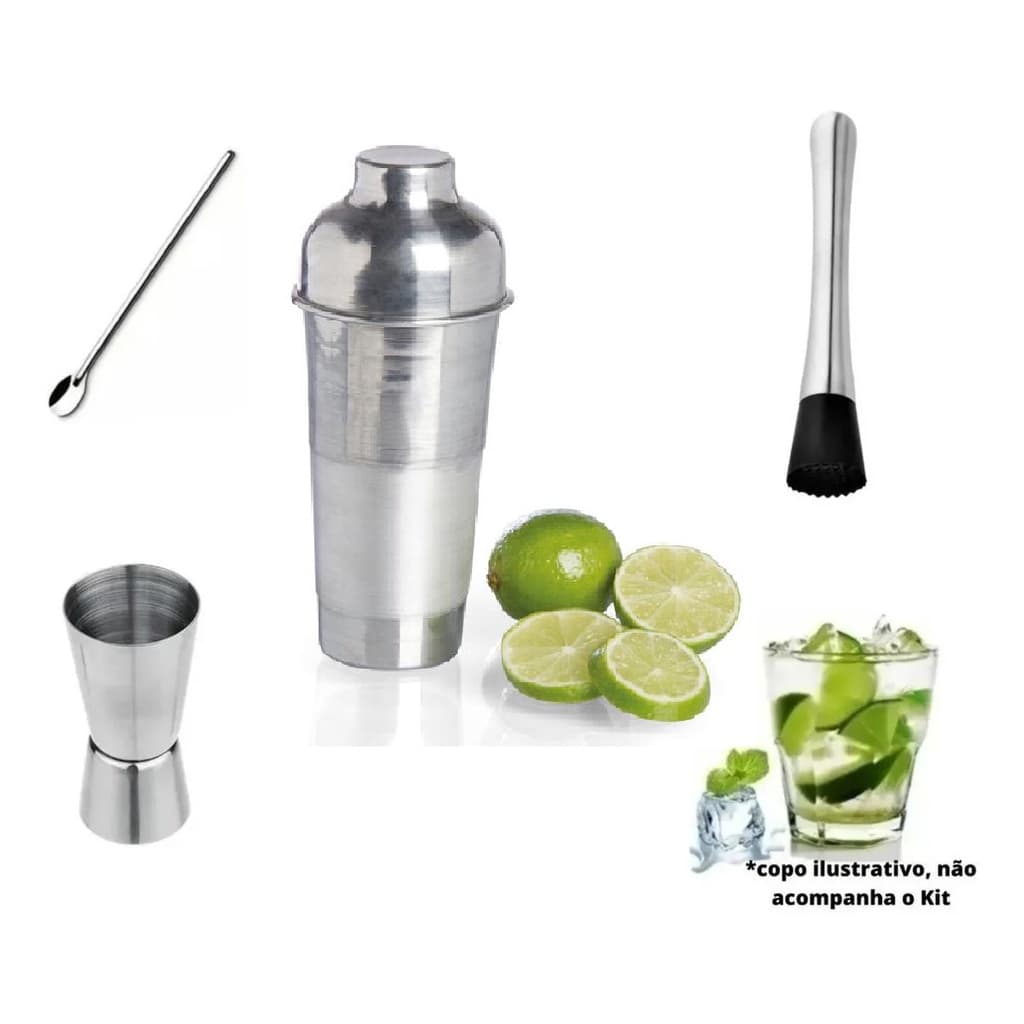 Kit Caipirinha Coqueteleira Aluminio + Socador Inox + Dosador  Inox + Colher