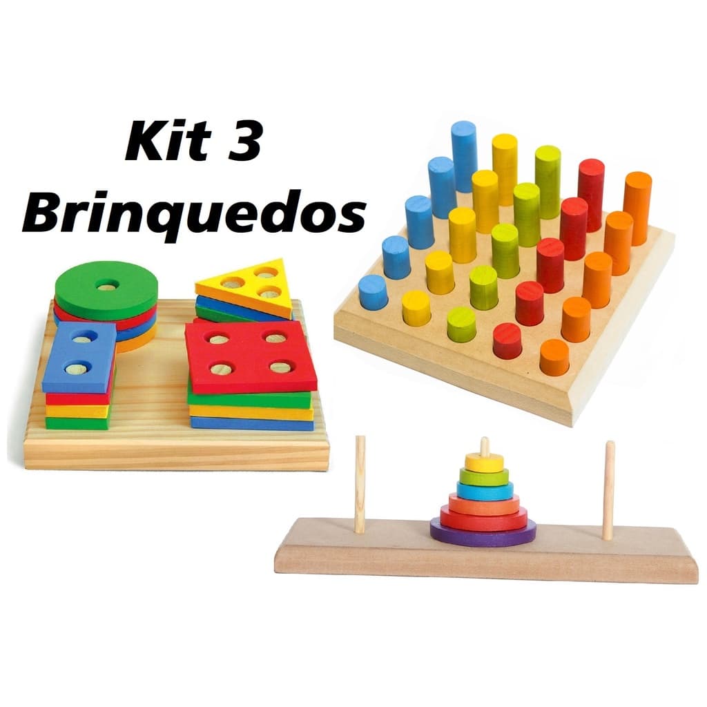 Kit TORRE DE HANÓI + PINOS DE ENCAIXE + FORMAS GEOMÉTRICAS Jogo de Encaixar Educativo Montessori