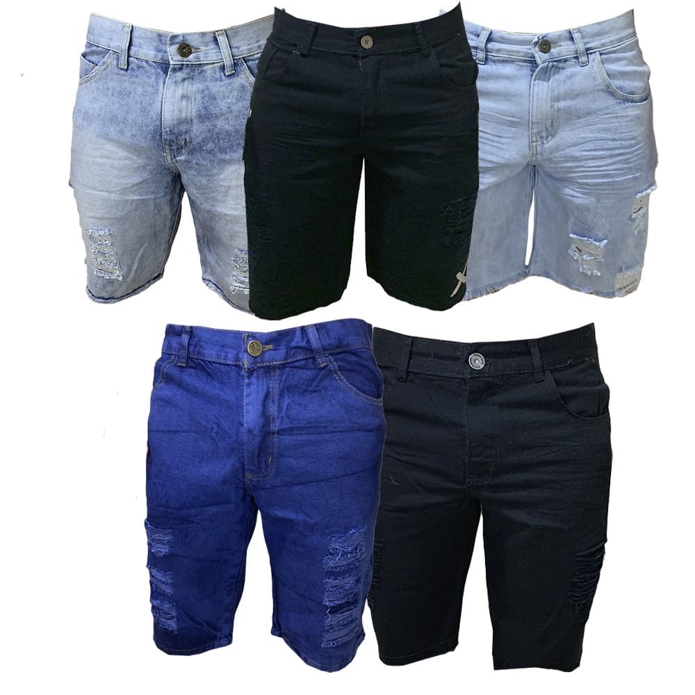 Kit 5 Shorts Jeans Masculina Rasgadas - 2 Azul- 2 Preta -1 Azul Média