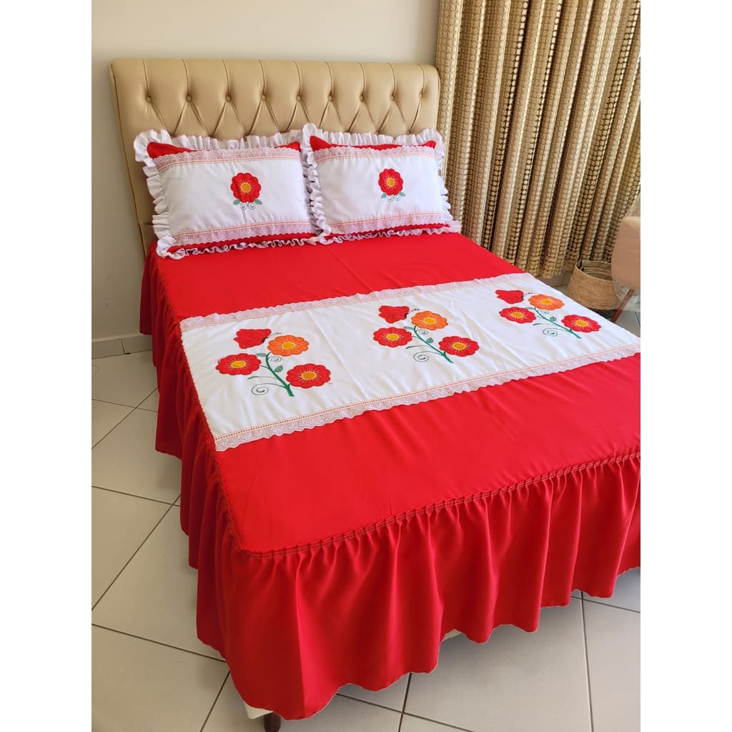 Colcha Casal Bordada Oxford 2 Fronhas Babado Luxo Elegante Cama Posta Confortável