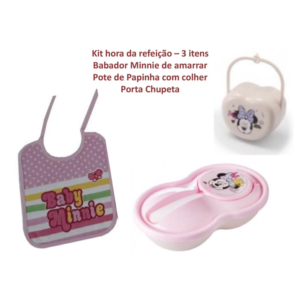 Kit refeição Minnie 3 itens - Pote de Papinha com colher, babador de amarrar, e porta chupeta.