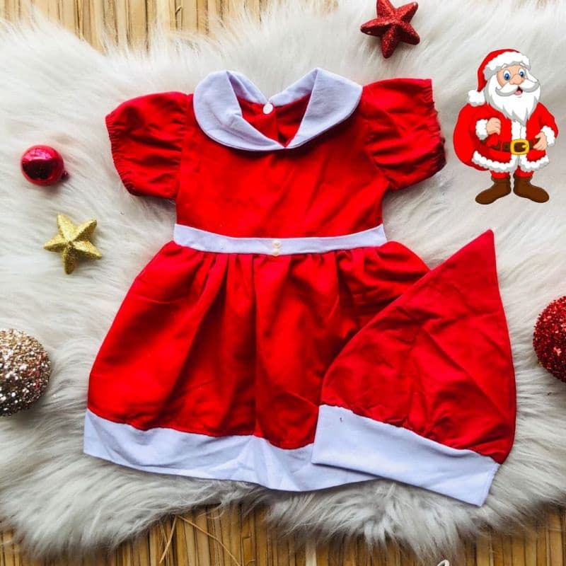 Vestido Menina Natal Vermelho vestido Touca Natalino Mês Versário Mamãe Noel