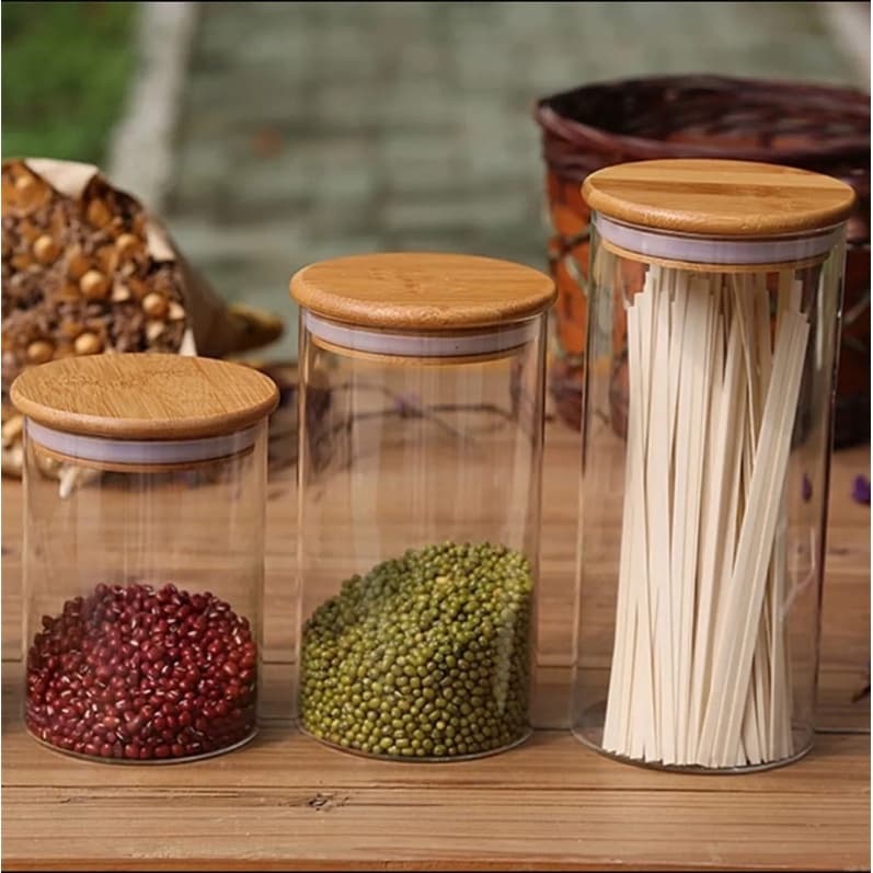 Pote de Vidro Com Tampa Hermética de Bambu 1 Und.